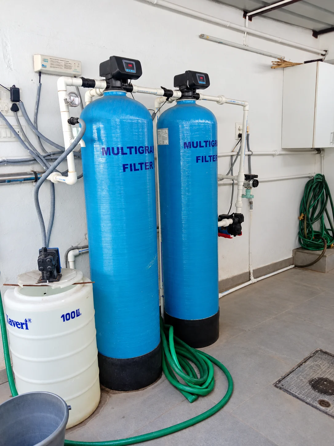 Twin blue multigrade filter vessels with automatic controls and connected pipework