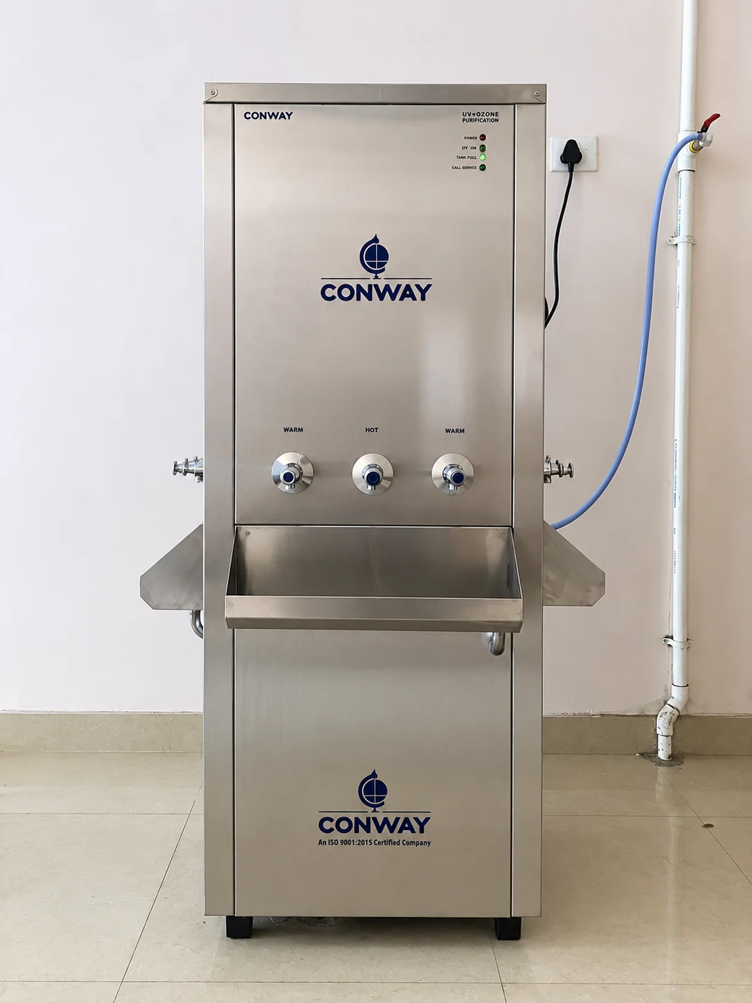 Stainless steel Conway water dispenser with three taps and purification controls