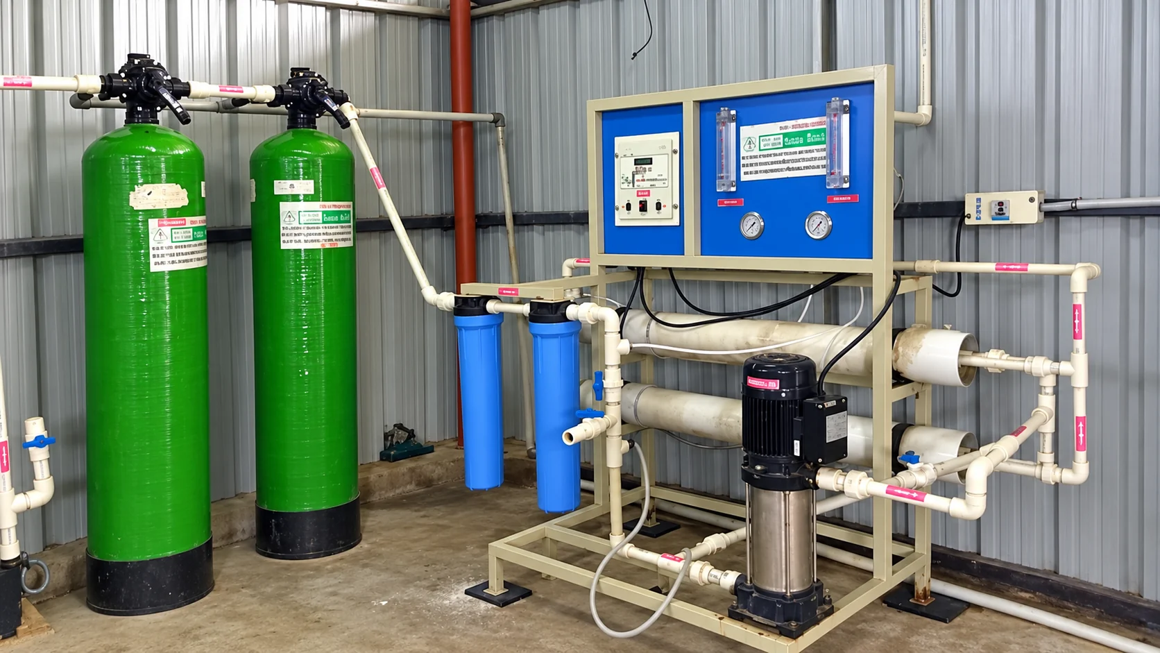 Indoor reverse osmosis system with green filtration vessels, blue cartridge filters and a control panel