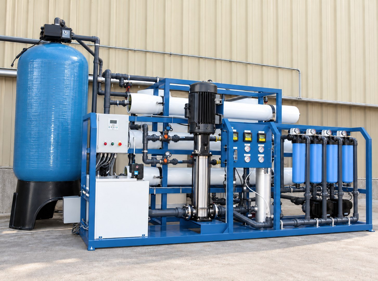 Industrial water treatment installation with a blue filtration tank, reverse osmosis membranes, pump and control panels