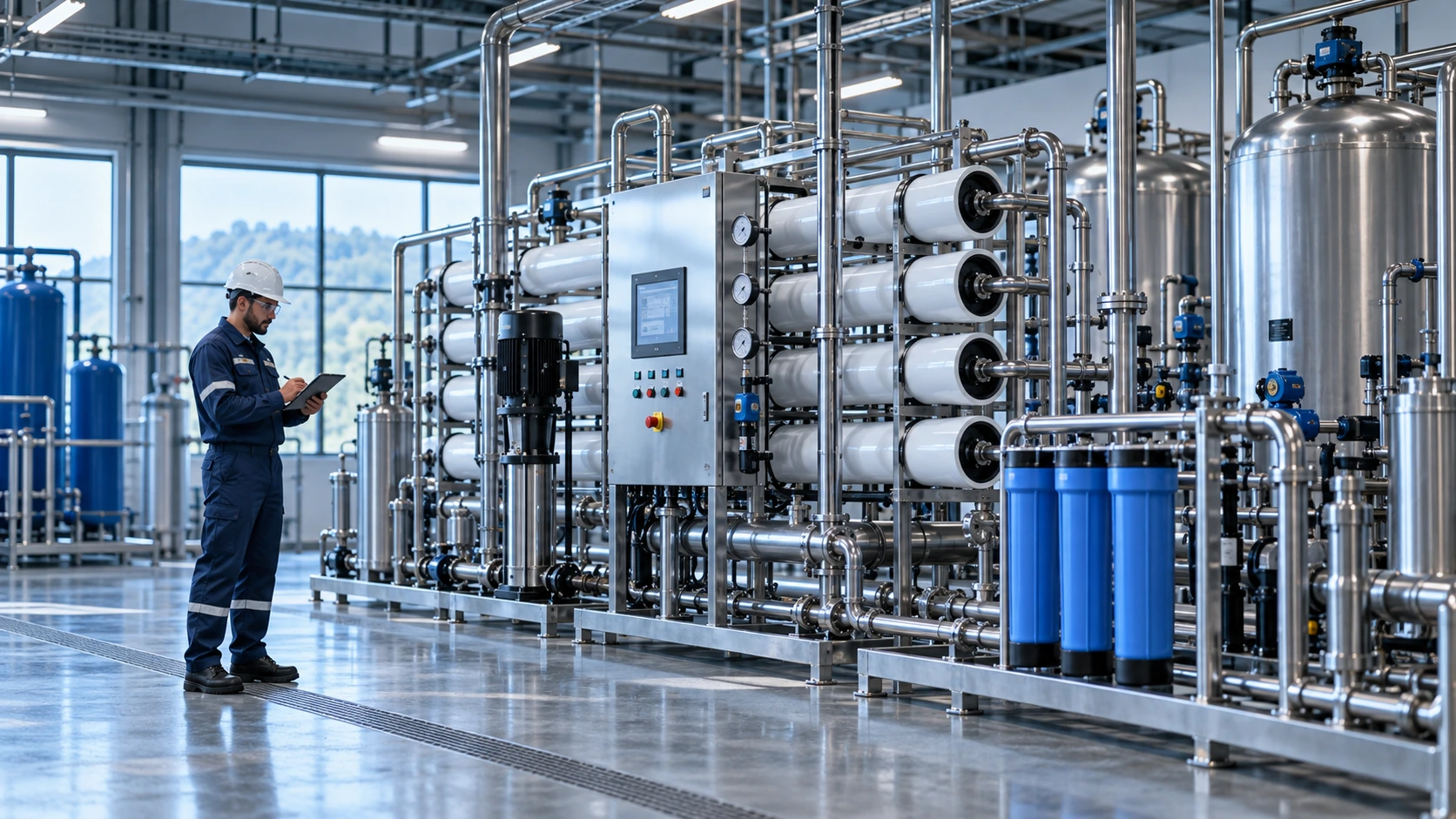 Technician inspecting industrial water treatment equipment with filtration units and stainless steel tanks