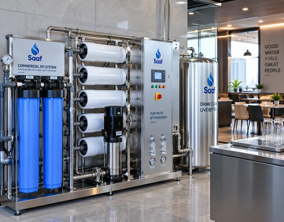 Commercial RO system with filtration vessels, membranes and a control panel.