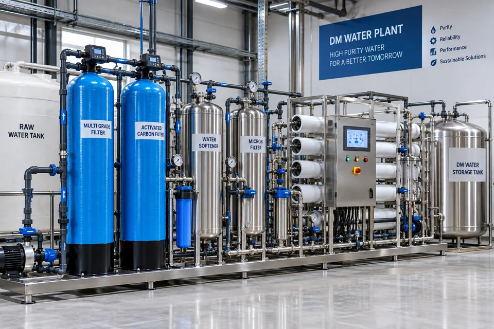 Demineralisation water plant with treatment vessels, pipework and a control panel.