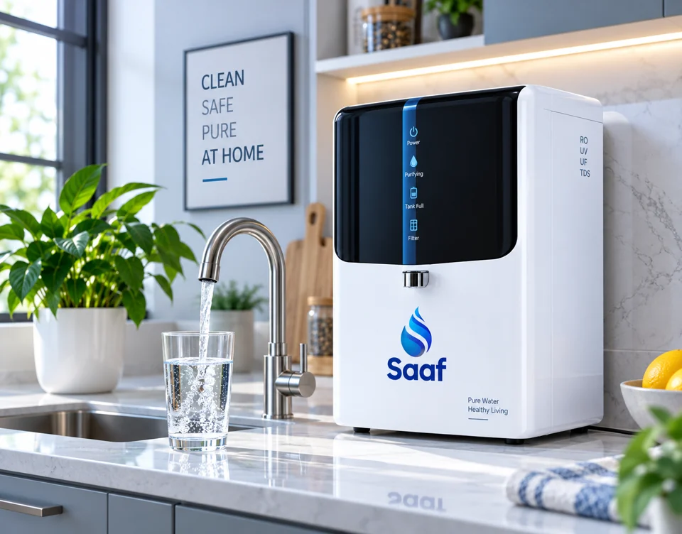 SAAF domestic RO purifier installed on a kitchen countertop.