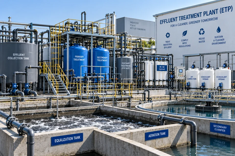 Effluent treatment plant with equalisation and aeration tanks and filtration equipment.