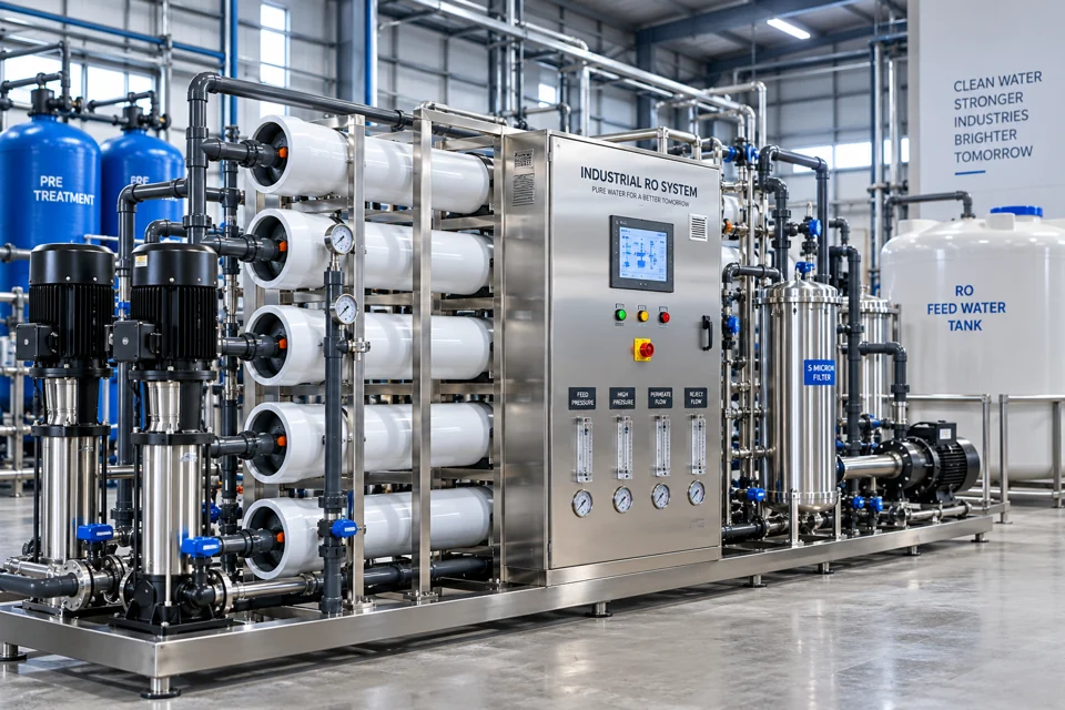 Industrial reverse osmosis plant with membrane housings, pressure vessels and controls.
