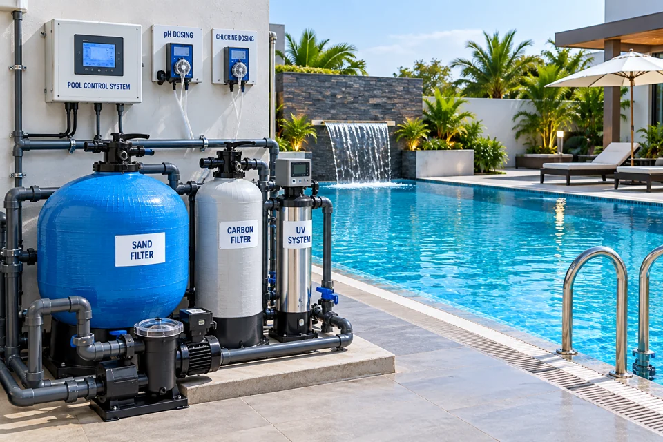 Swimming pool filtration equipment and circulation system beside a pool.