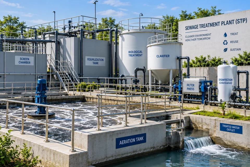 Sewage treatment plant with aeration tanks, filtration equipment and access walkways.