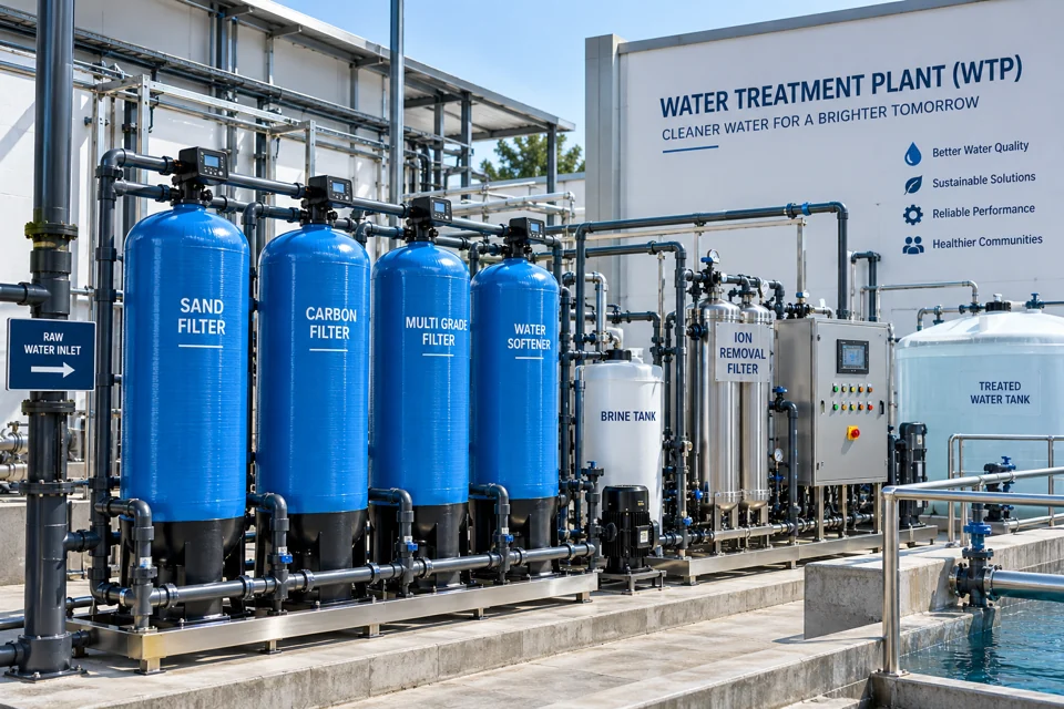 Water treatment plant with blue filtration vessels, pipework and treatment basins.